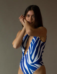 Saga one piece swimsuit - Blue zebra print - one shoulder