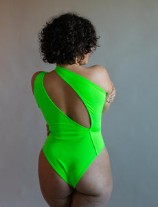 Green one shoulder one piece from the back 